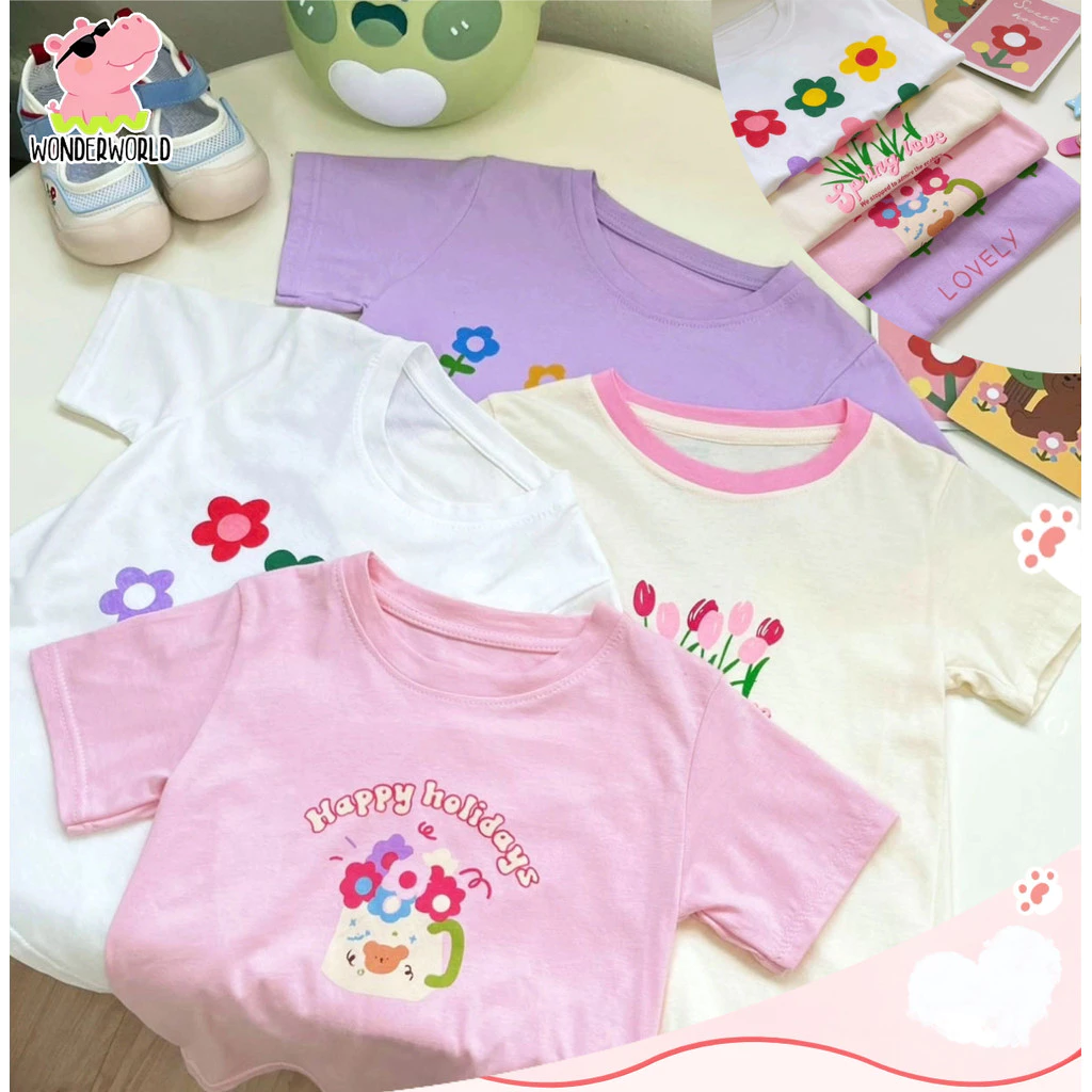 เสื้อยืดเด็ก เสื้อแขนสั้นเด็กผู้หญิง สีสวยสด สไตล์น่ารัก คอกลม