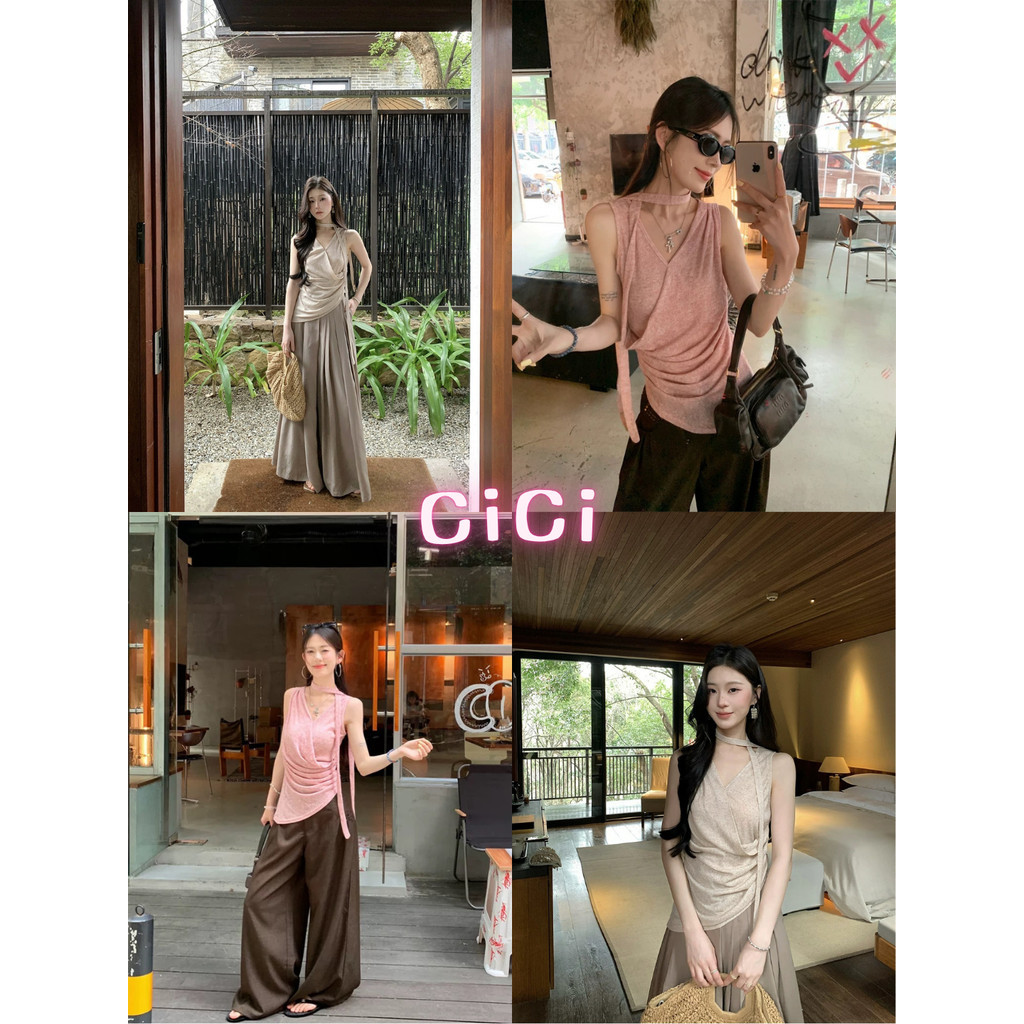 ส่งทันทีCici (No. H88175) เสื้อกล้ามแขนกุดคอวี มีสายคล้องคอ เหมาะสำหรับฤดูร้อน ผ้าเบาสบาย ได้ลุคเก๋ๆ