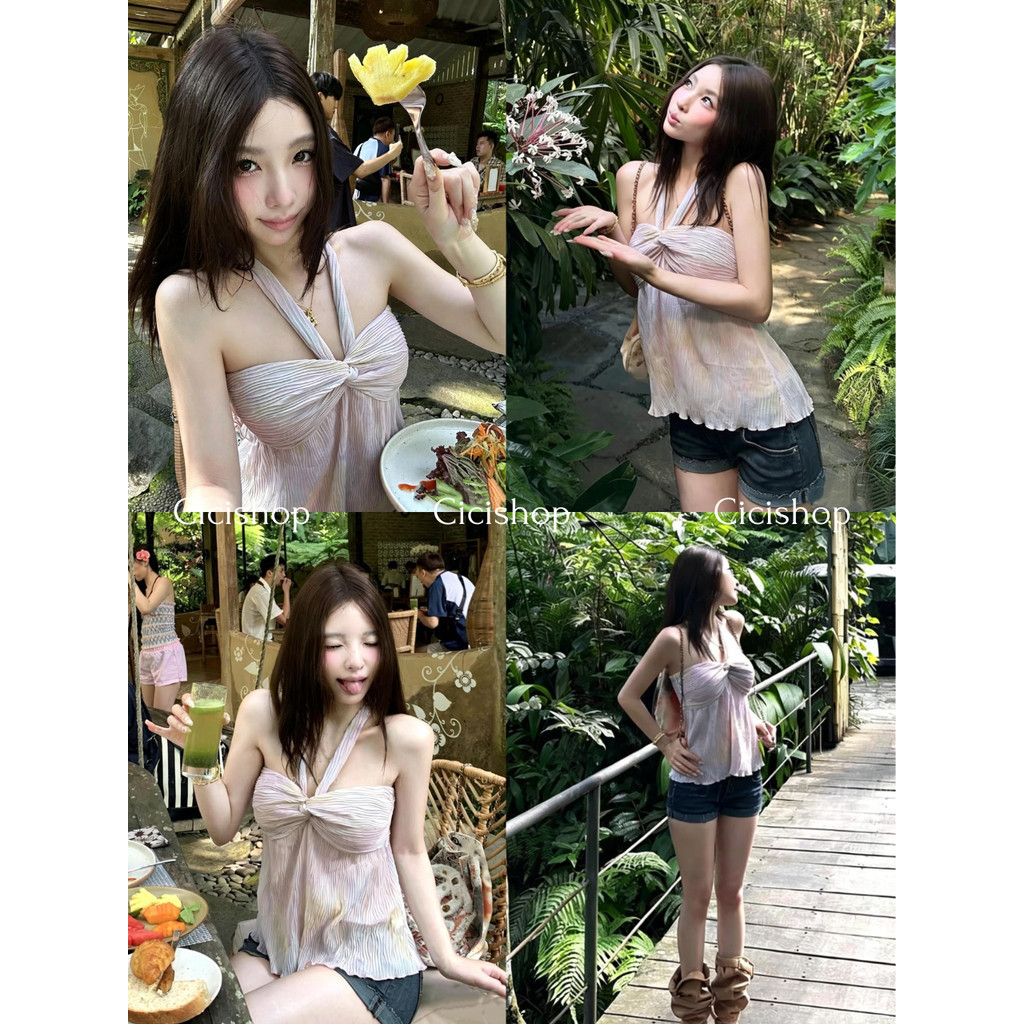 Cicishop(J2519) เสื้อสายเดี่ยวคล้องคอสีพาสเทล เสริมฟองน้ำ ดีเทลม้วนเกลียวด้านหน้าสวย สไตล์สาวหวาน