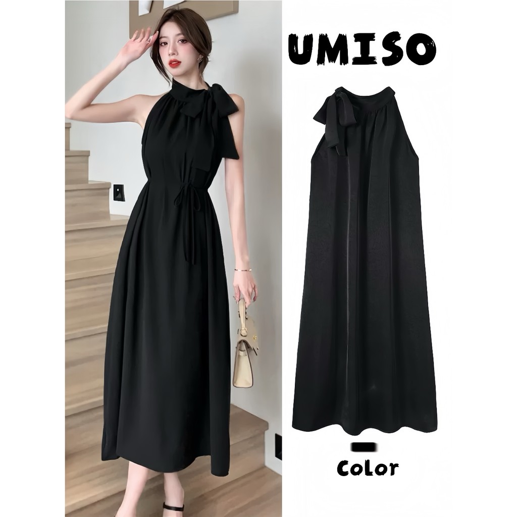 UMISO เดรสออกงาน สีพื้น สไตล์ลำลอง ชุดเดรสสไตล์เกาหลีเรียบง่าย กระโปรงสายเดี่ยวทรงเอเปิดไหล่