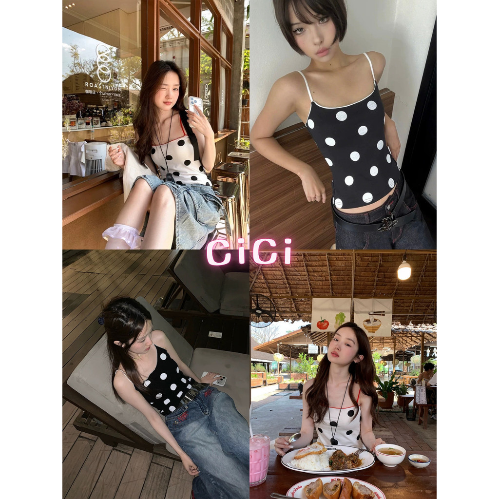 ส่งทันทีCici (No. H88170) เสื้อสายเดี่ยว Polkadot สายปรับได้ ดีเทลเข้ารูป สไตล์สาวอเมริกัน