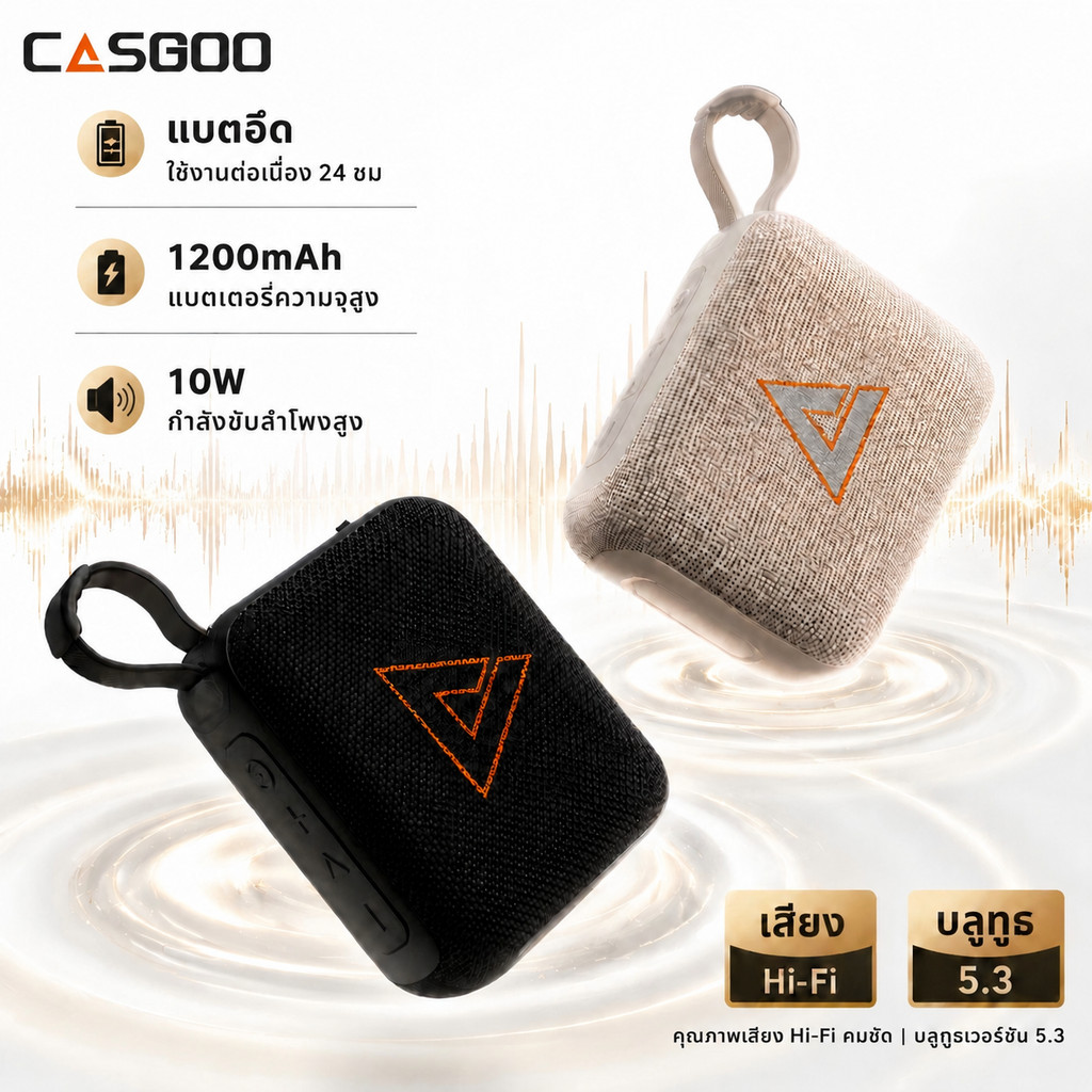 【ลำโพงที่เล่นเพลงตลอด 24 ชั่วโมง】Casgoo S100 Bluetooth 5.3 แบต 1200mAh 10W เสียงดัง