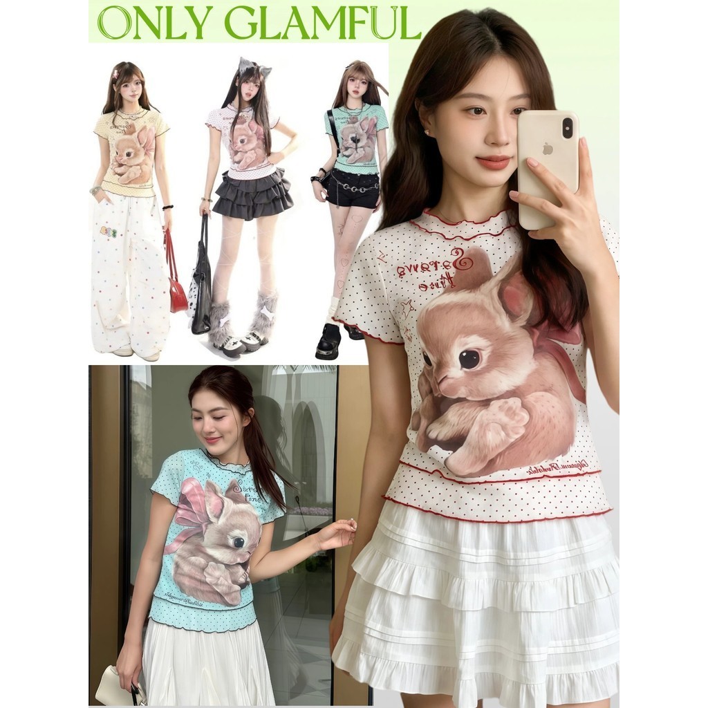 OG เกาหลีใต้Y2KสาวหวานCoquette Girlเสื้อครอปตาข่ายลูกฟูก ลายกระต่ายวินเทจสไตล์ขอบลูกฟูกลุคไปคาเฟ่