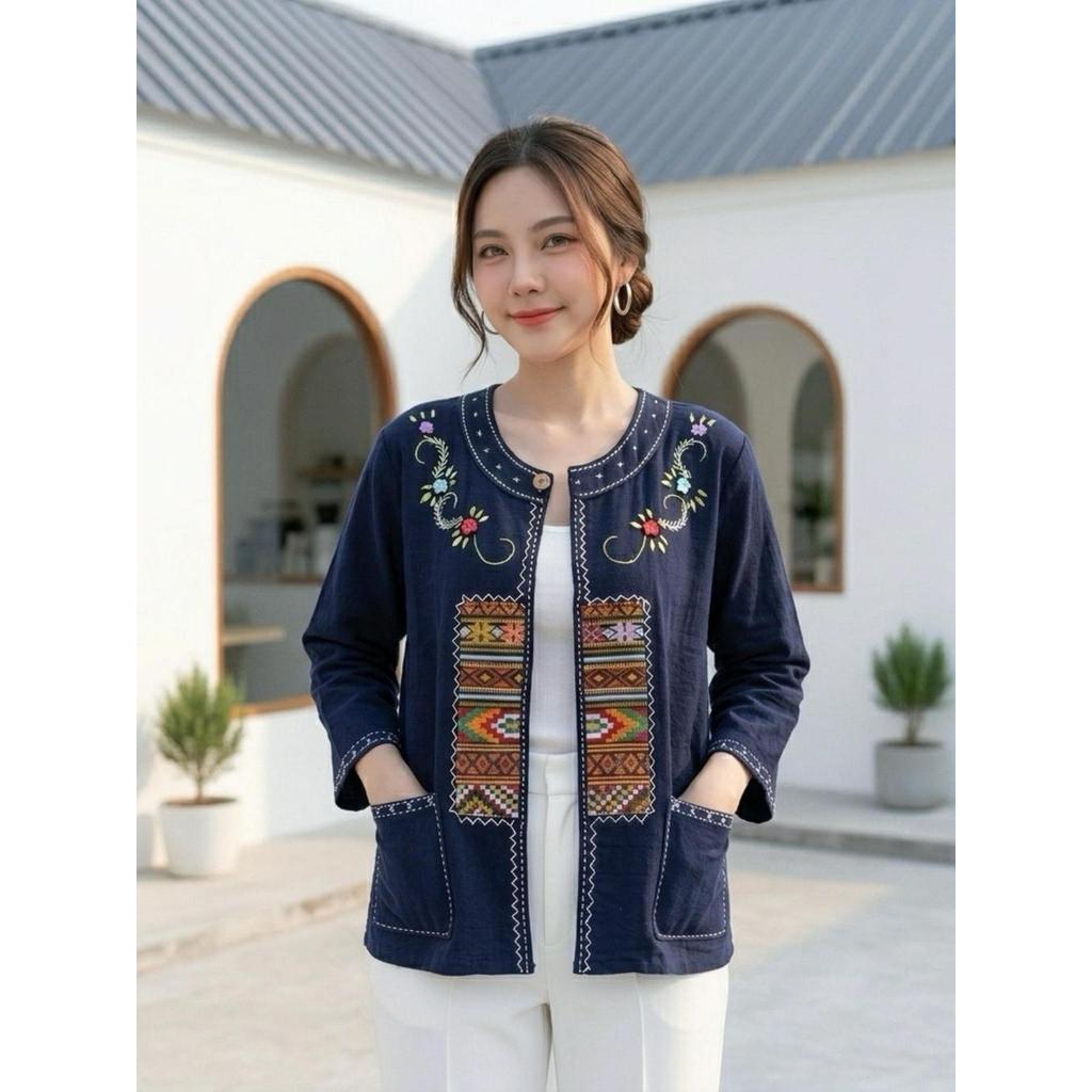 เสื้อคลุมผ้าฝ้าย งานปักดอก แต่งเทปผ้าทอ กระดุมกะลา ผ้าเนื้อนุ่ม