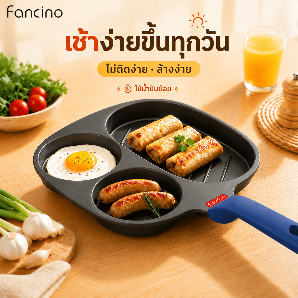 Fancino 3IN1 กระทะทอดอาหารเช้าไทเทเนียม 22ซม ไม่ติดธรรมชาติ วัสดุเกรดอาหาร ทุกเตา มือจับทนความร้อน ล้างง่าย
