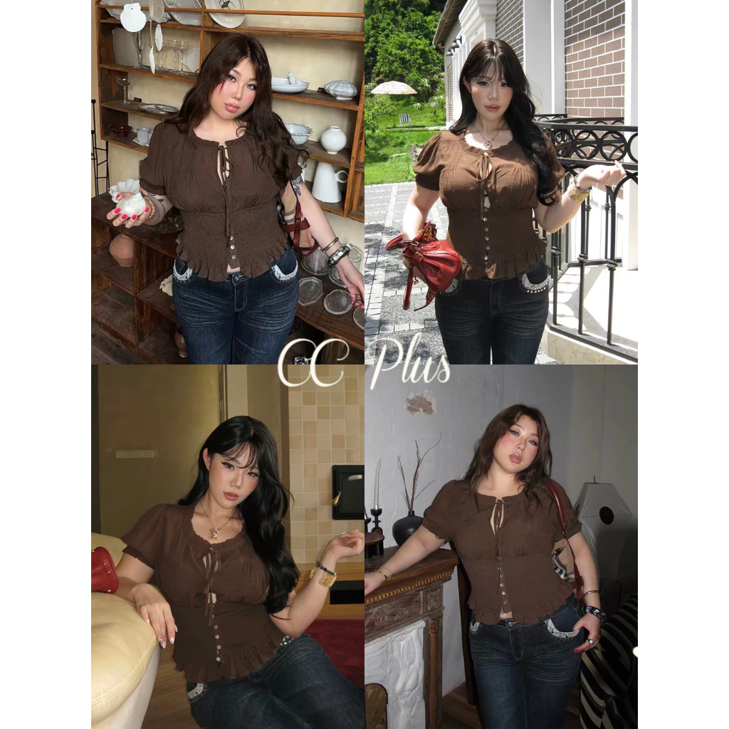 CiCi Plus+(3431) เสื้อคอผูกโบว์ขอบฟริลล์ แขนพองจั๊มรอบเอวรัดรูปทรงสวย ดีเทลกระดุมหน้า แมทช์ได้ทุกลุค สไตล์สาวพลัสไซส์