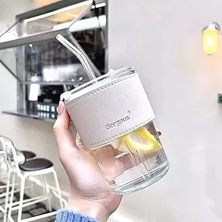 พร้อมส่ง ถ้วยชงกาแฟ ใส่กาแฟร้อนเย็น สไตล์มินิมอล แก้วหนา พร้อมหลอดแก้ว ฝาปิด ปลอกหนังกันร้อนกันเย็น ขนาด 400ml พร้อมกล่อ
