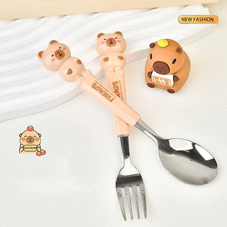 capybara ชุดช้อนส้อมเด็ก 2ชิ้น/เซ็ต ช้อนส้อมลายการ์ตูน แสตนเลสหนาอย่างดี พร้อมกล่องพกพาสะดวก