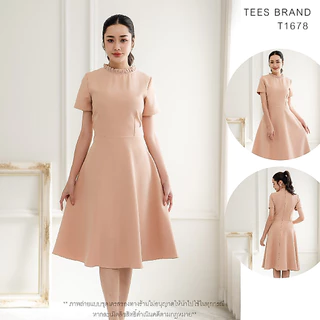 TEESBRAND ชุดทำงานคอระบายชีฟอง ทรงบาน คอกลม แขนสั้น เดรสดำ ชุดดำงานศพ ชุดสุภาพ ใส่งานพิธี สินค้าพร้อมส่ง