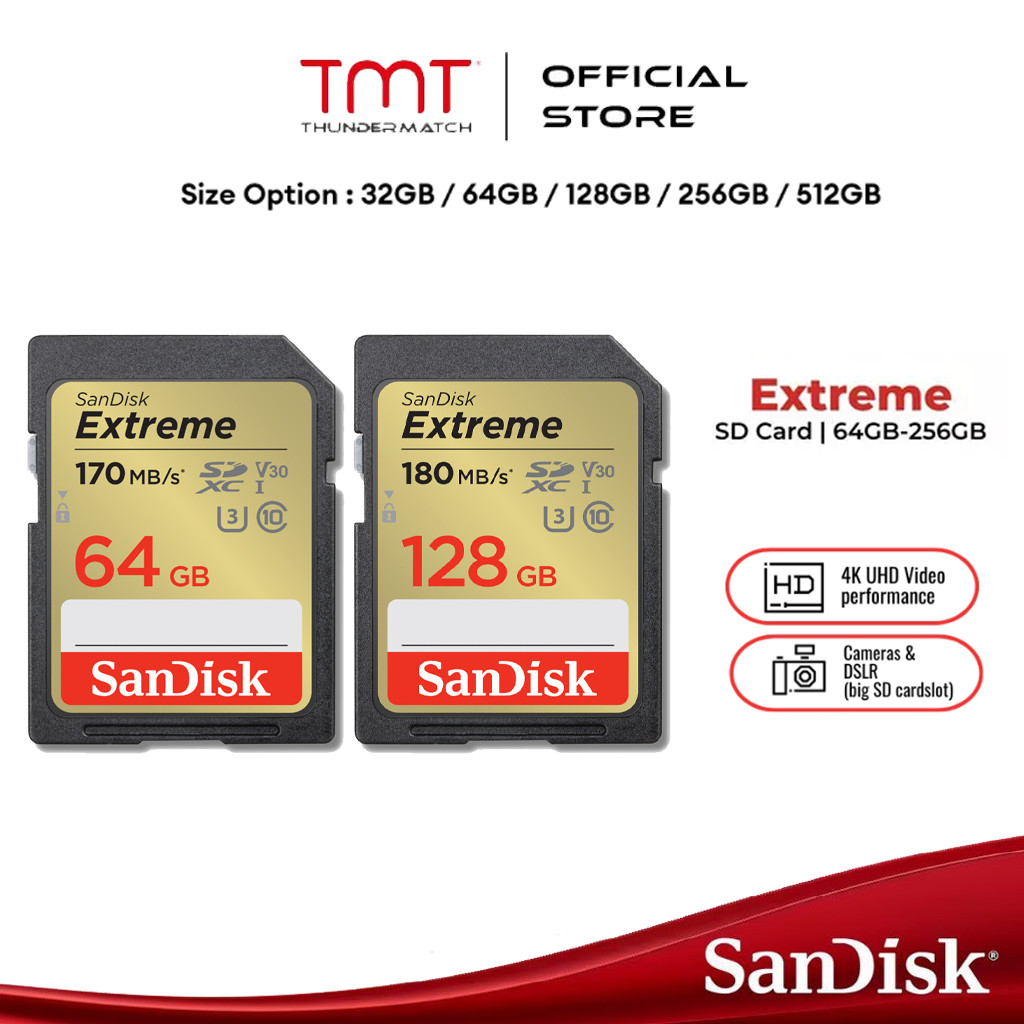 SanDisk Extreme SD Card SDHC SDXC 32GB , 64GB ,128GB , 256GB (SDSDXVT) เมมโมรี่การ์ด SDCARD Lifetime