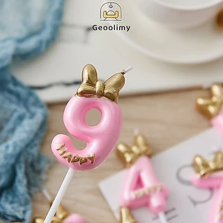 เทียนวันเกิด เทียนโบว์ สีชมพูน่ารัก เบอร์ 0-9 สําหรับตกแต่งเค้กวันเกิด ขนม ✨Geoo