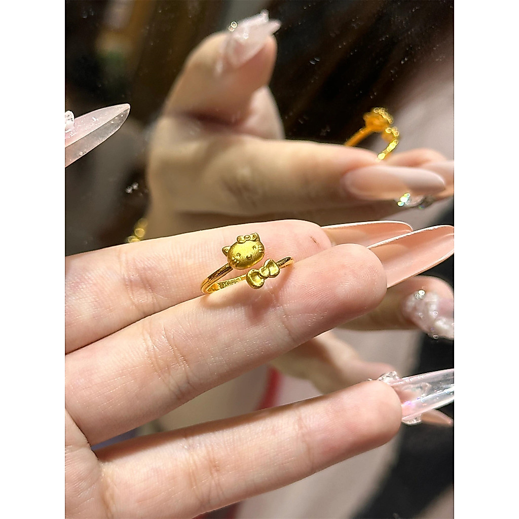 ทอง18เคhelloKitty Cat Ring Female 999 Gold KT Cat Ring New Style Bow Gold Ring for Girlfriend