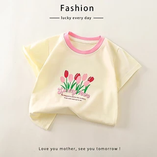 เสื้อยืดเด็กผู้หญิง เสื้อแขนสั้นเด็กหญิง ผ้าฝ้าย นุ่มสบาย ลายดอกไม้ สำหรับเด็กหญิง0-12ขวบ