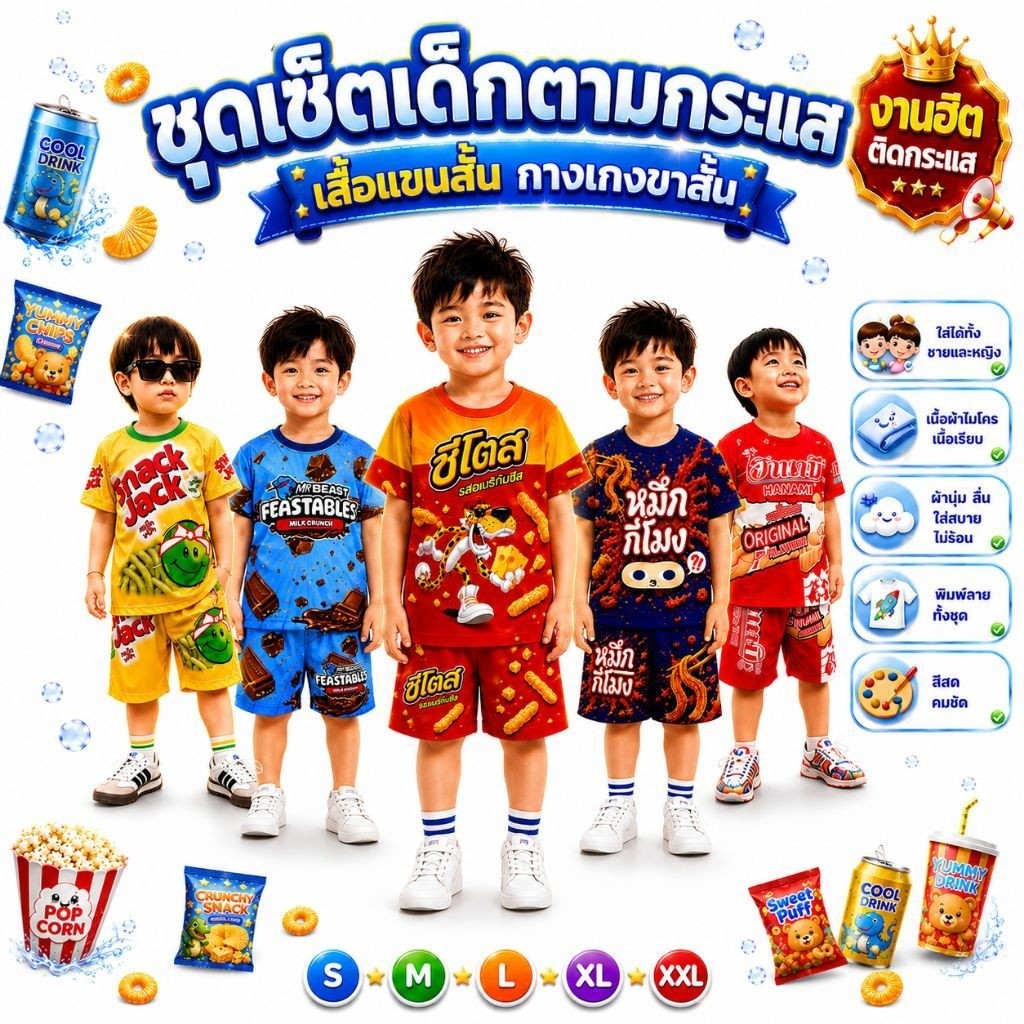 ชุดเด็กลายขนม เสื้อแขนสั้นกางเกงขาสั้น ผ้าไมโคร(ผ้ามัน)