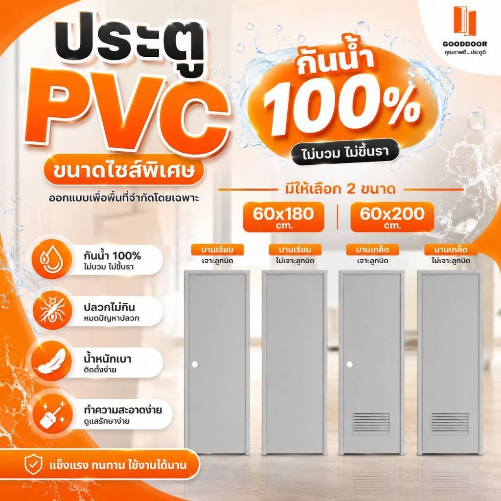 ประตูพีวีซี 60*180/60*200 สีเทา (ไซส์พิเศษ) ประตูห้องน้ำ กันน้ำ100% ติดตั้งง่าย พร้อมส่ง
