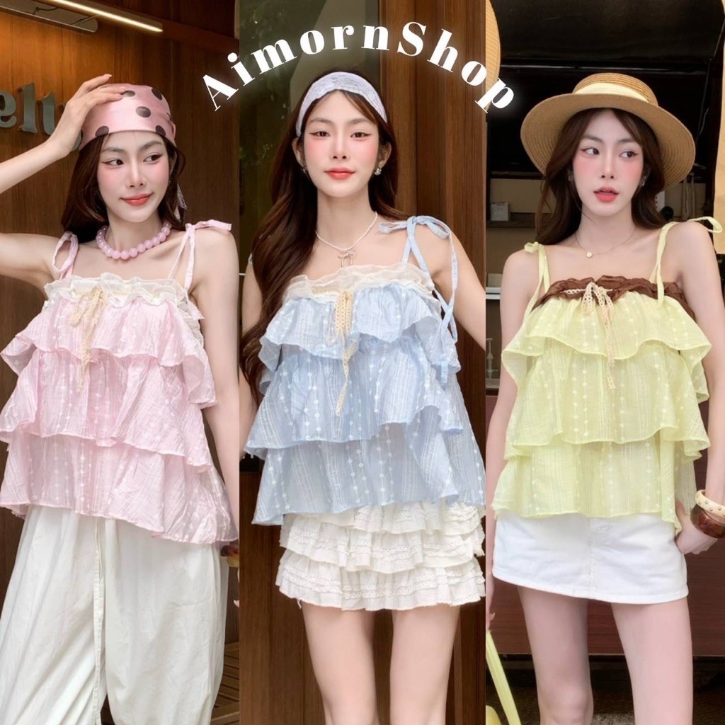 aimorn_shop เสื้อสายเดี่ยวระบาย3ชั้น ผูกไหล่สีทูโทน ผ้าโรซี่ ผ้าพริ้วใส่สบาย