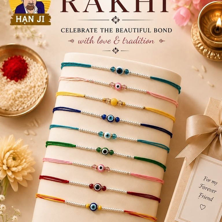 Evil Eye Rakhi – ราขีสายสิญจน์ดวงตาป้องกัน Nazar รุ่นลูกปัดมุก สำหรับพี่น้องและเพื่อน | Raksha Bandhan