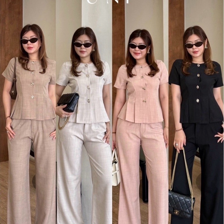 Uni Set ชุดเซ็ตแขนสั้นกระดุมหน้าแต่งจีบหน้า ใส่คู่กับกางเกงขายาวทรงขากระบอก ชุดใส่ทางการ ใส่ทำงาน