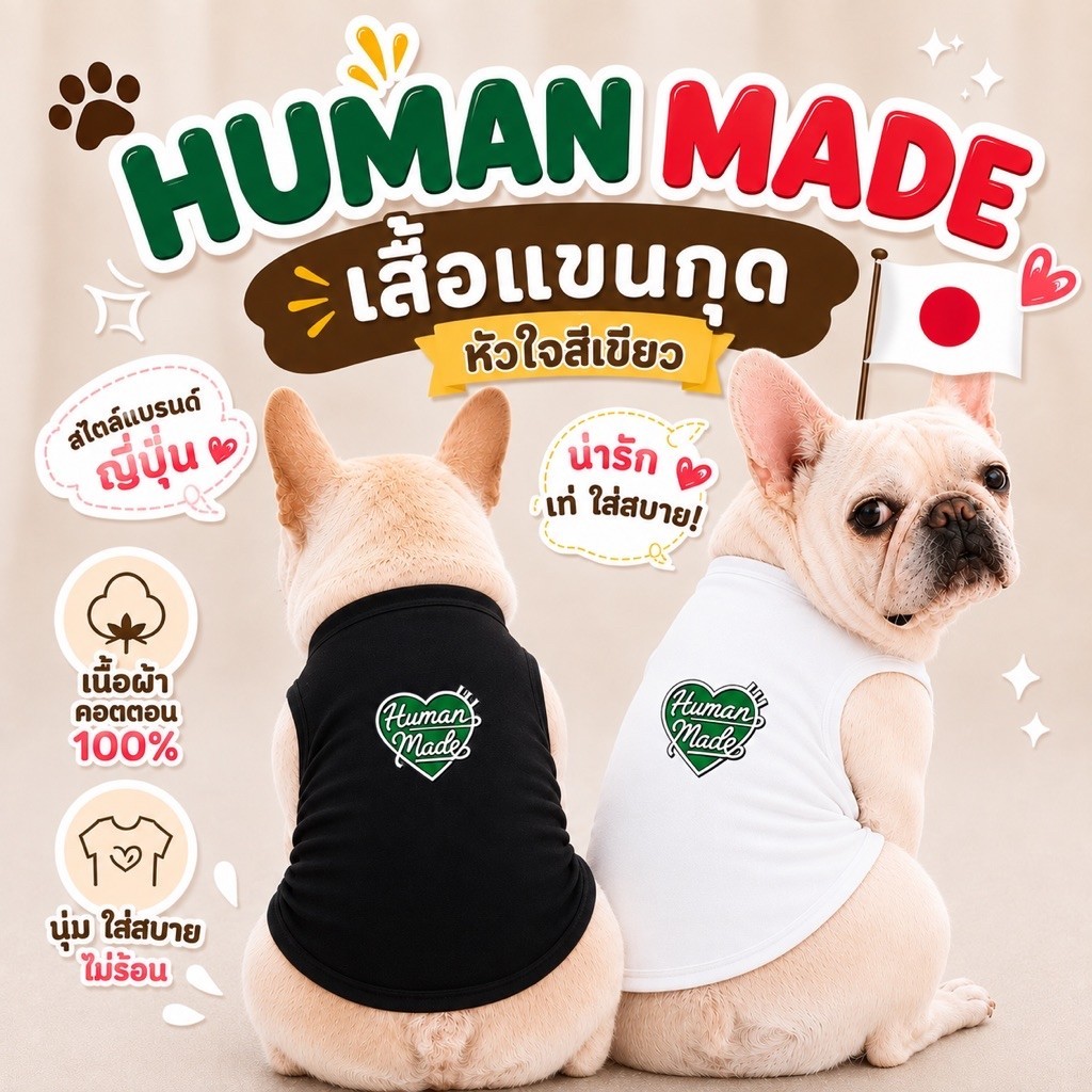 🇹🇭พร้อมส่ง🇯🇵 Human Made หัวใจเขียว เสื้อหมา เสื้อแมว แบบแขนกุด เนื้อผ้า cotton 100%