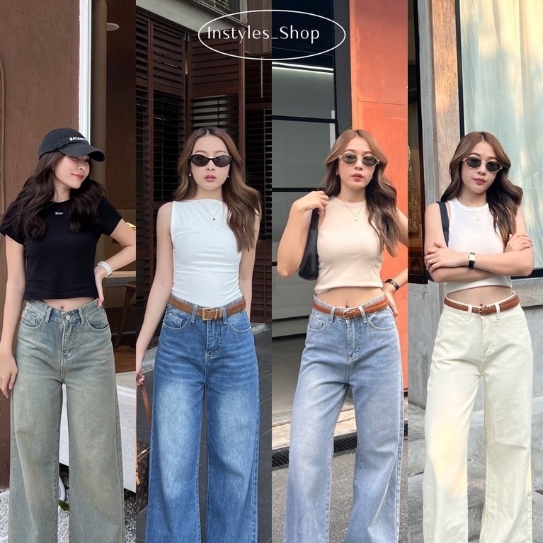 [เก็บโค้ดลด25%หน้าร้าน] instyles_shop - Kimber Jeans กางเกงยีนส์ขากระบอกใหญ่เบสิค สีฟอกสวย ผ้ายีนส์แท้ไม่ยืด
