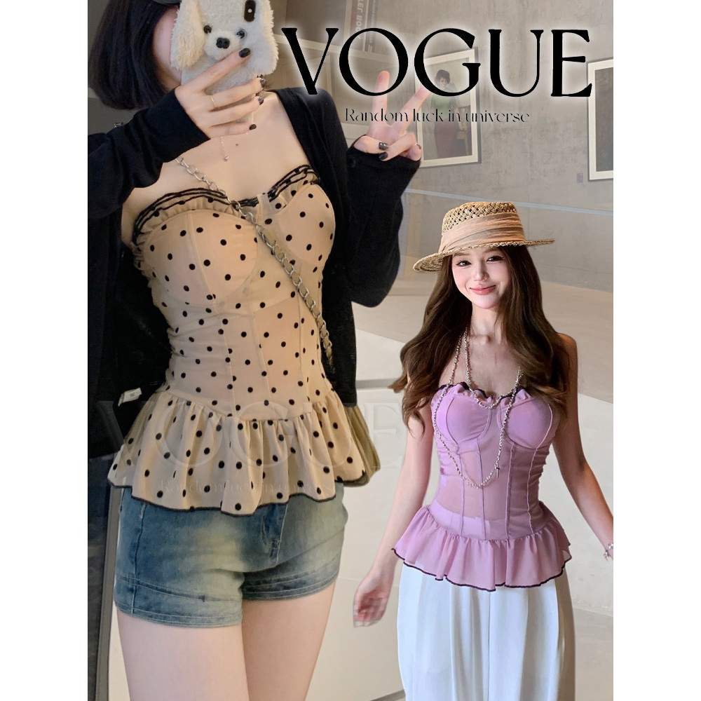 Vogue พร้อมส่ง เสื้อเกาะอกลายจุด ดีไซน์กระโปรงหางปลา ทรงเข้ารูป ผ้านุ่มใส่สบาย มีฟองน้ำ สไตล์วินเทจหวานเซ็กซี่ (FY66049)