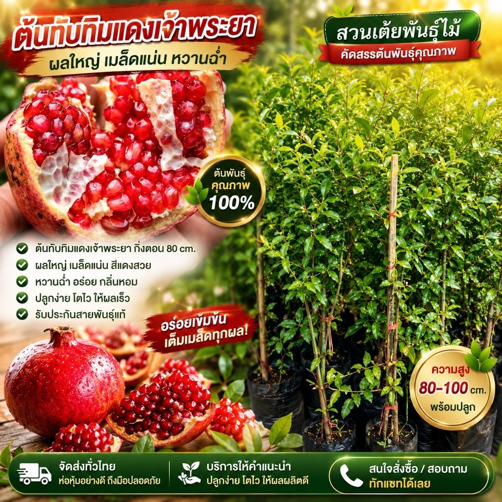 ต้นทับทิมแดงเจ้าพระยาเมล็ดนิ่มผลใหญ่ กิ่งตอนขนาด80-100cmcmรับประกันสายพันธุ์ออกผลตลอดทั้งปี