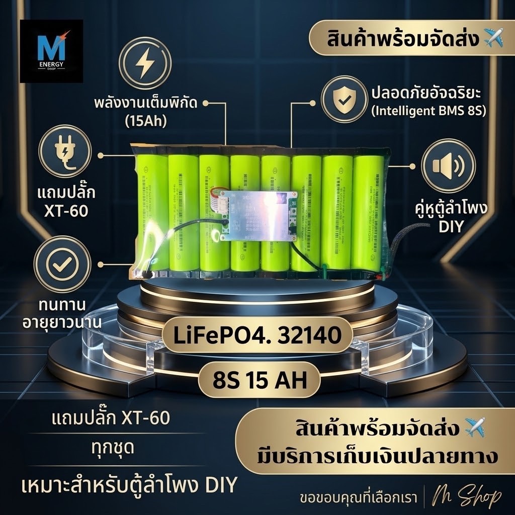 แบตเตอรี่ Lifepo4 32140 8s 15ah พร้อมที่ชาร์จ 5 ah เหมาะสำหรับใช้งานตู้ลำโพงบลูทูธ