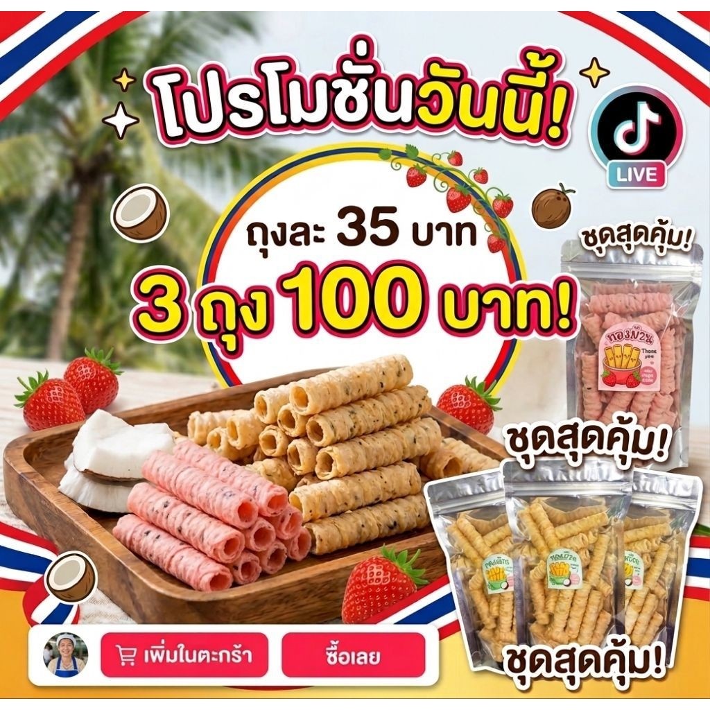 ​[โปร 3 ถุง 100.- คละได้] ขนมโฮมเมด ทองม้วนกรอบ / พายชีสสับปะรด (ถุงละ 35.-)