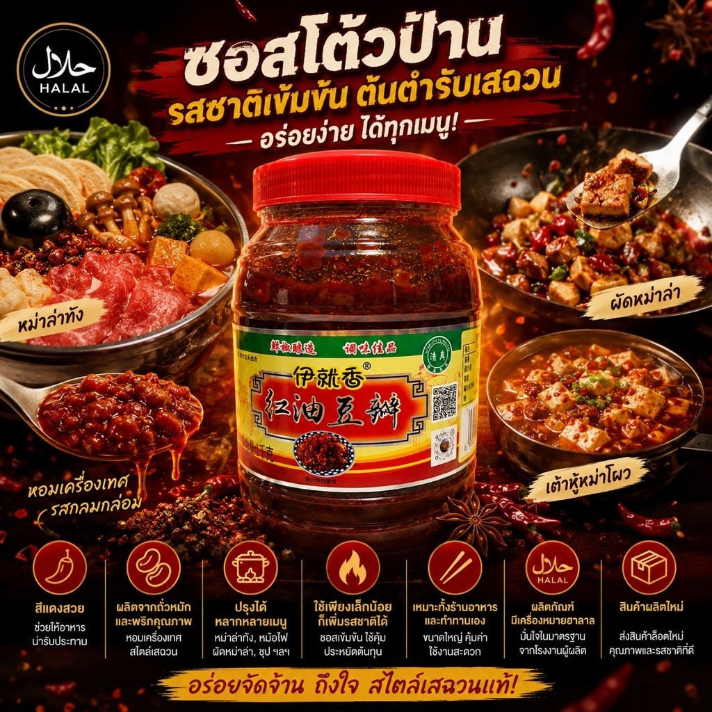 [ฮาลาล มีส่วนลดค่าส่ง] ซอสพริกเสฉวน โต้วป้านเจี้ยง ซอสถั่วเต้าซี่ ซอสพริกเสฉวน ( 郫县豆瓣酱 ) ขนาด 1 กิโล โต้วปั้นเจียง