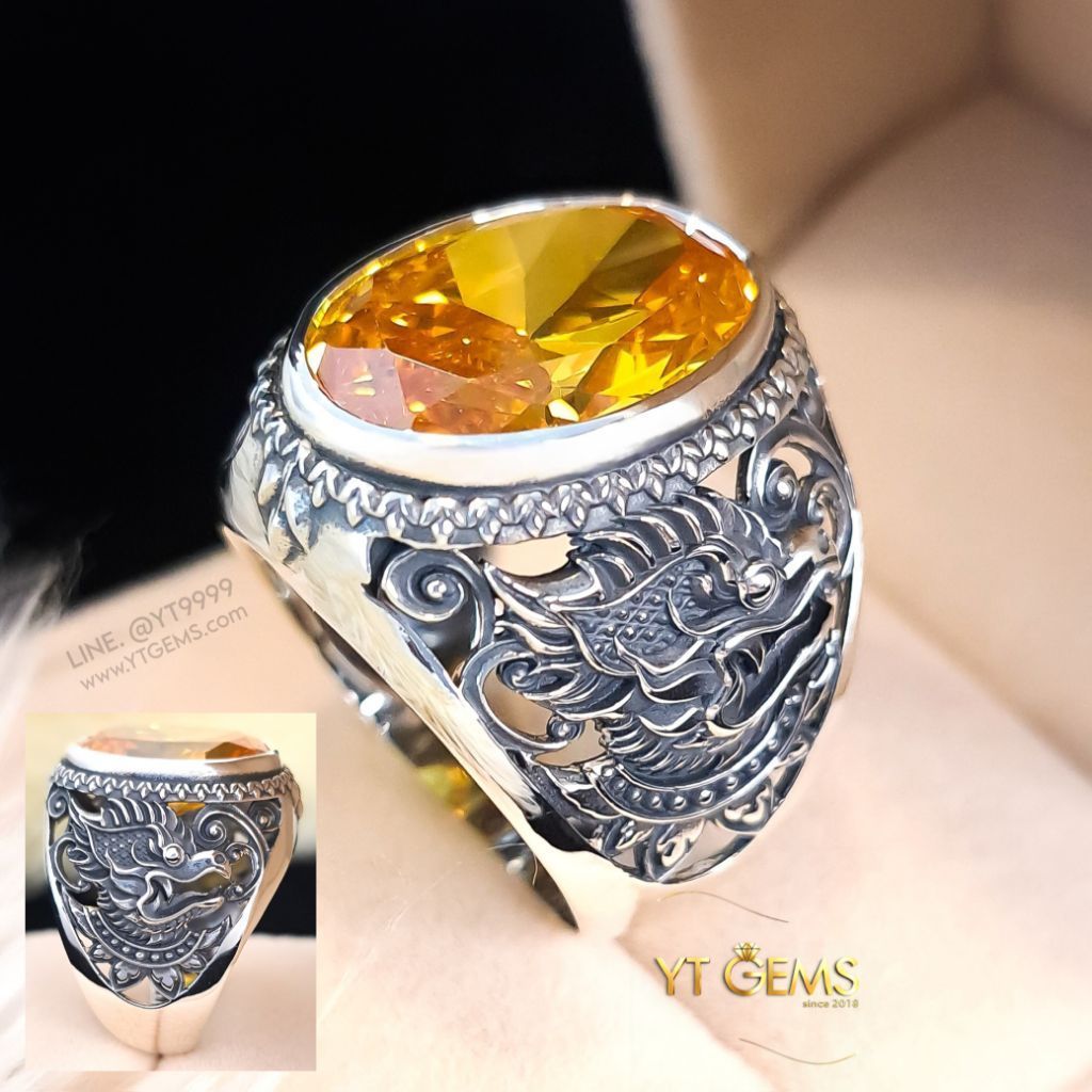 🔥 แหวนบุษราคัม แหวนเงินแท้ ลายพญาครุฑ พลอยบุษราคัม (CZ) YTG-9981