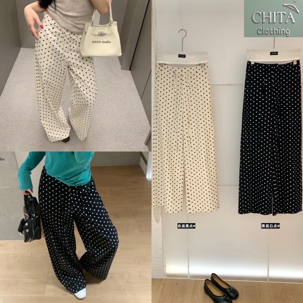 10954# กางเกงขายาวลาย polka dot มีเชือกรูดช่วงเอว มีกระเป๋าล้วงข้าง เนื้อผ้าดีงานสวย TAG:WG.WE 🇰🇷