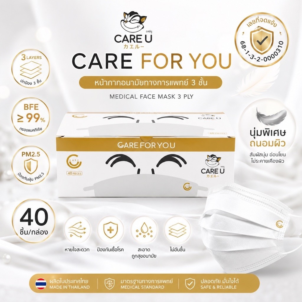 🌷 CARE U หน้ากากอนามัยทางการแพทย์ Level 3 | Medical Mask 3 PLY นุ่มพิเศษ ถนอมผิวหน้า [40 ชิ้น/กล่อง] 🌷