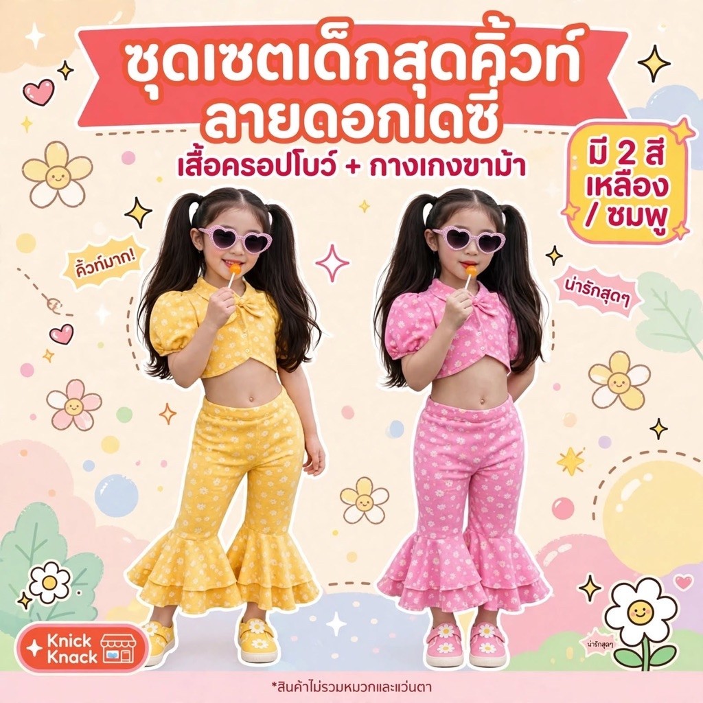ชุดเซ็ตเด็กผู้หญิงลายดอกไม้กางเกงขาบานวินเทจ