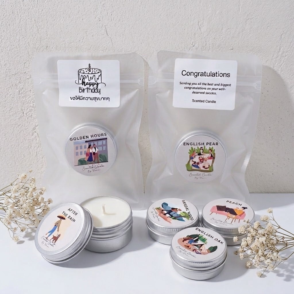 เทียนหอมตลับ Soy Wax 15g Mini Scented Candle ถุงซิป ของชำร่วย ของขวัญปัจฉิม ของแจก | Nanve.Scents