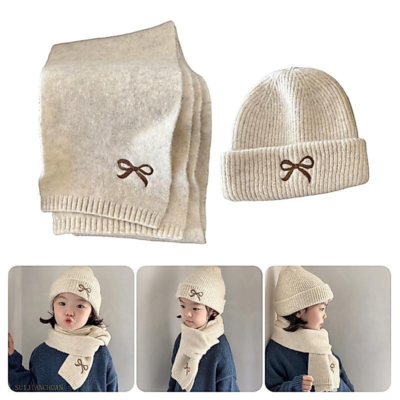 SJT เด็ก s Cosy ถัก Bonnet หมวกและผ้าพันคอน่ารัก Bowknot รายละเอียดสําหรับสภาพอากาศหนาวเย็นเด็กคออุ่
