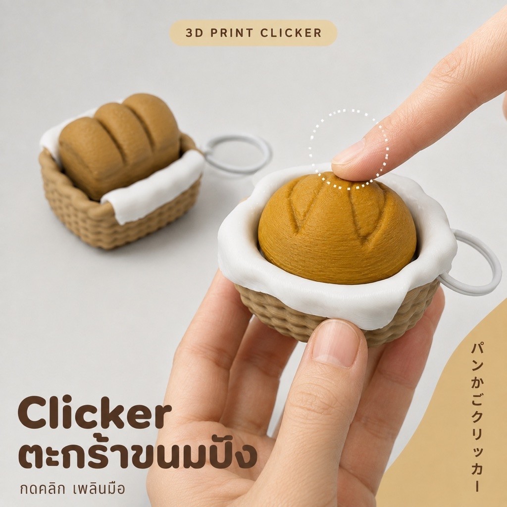 [3D Print] Clicker(คลิกเกอร์) พวงกุญแจโมเดลขนมปังจิ๋วในตะกร้า (ปอนด์ภูเขา/ซาวโดว์กลม) ของตกแต่งโต๊ะทำงาน - Nowดินสอ