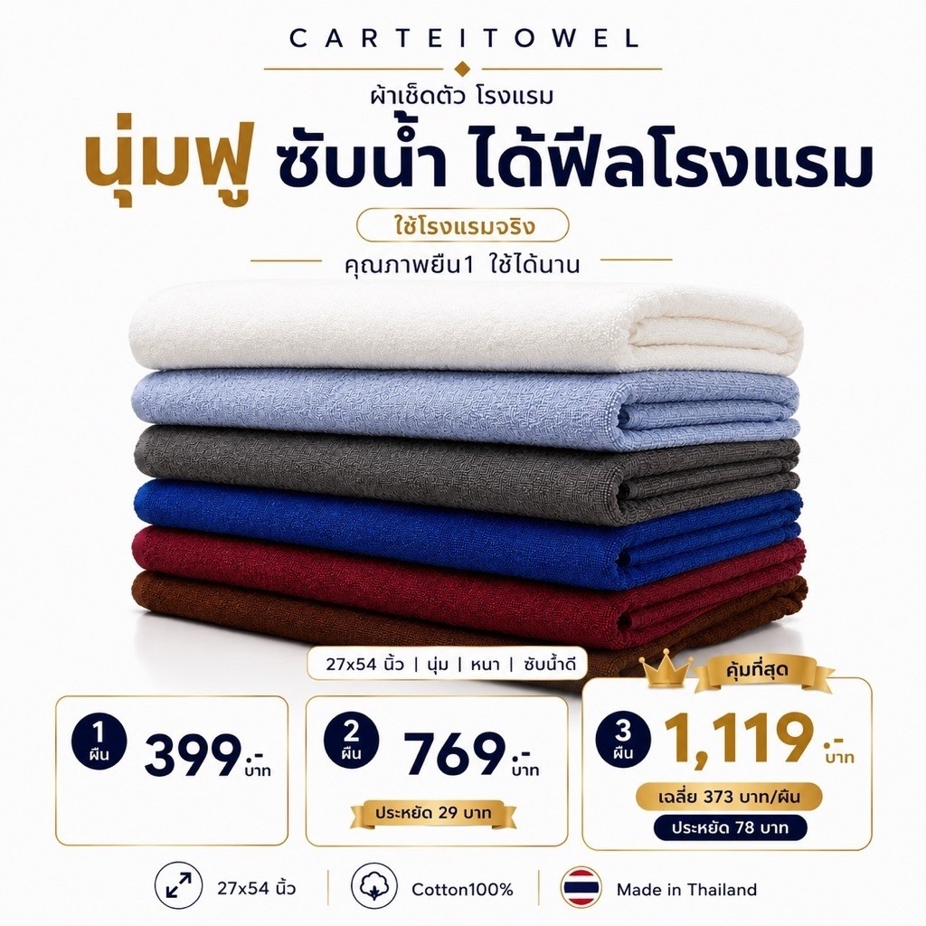 ผ้าขนหนู ผ้าเช็ดตัวโรงแรม สีพื้น คอตตอน 100%ซับน้ำ หนานุ่ม 27x54นิ้ว[เช็ดตัว] 12ปอนด์ ปลีก