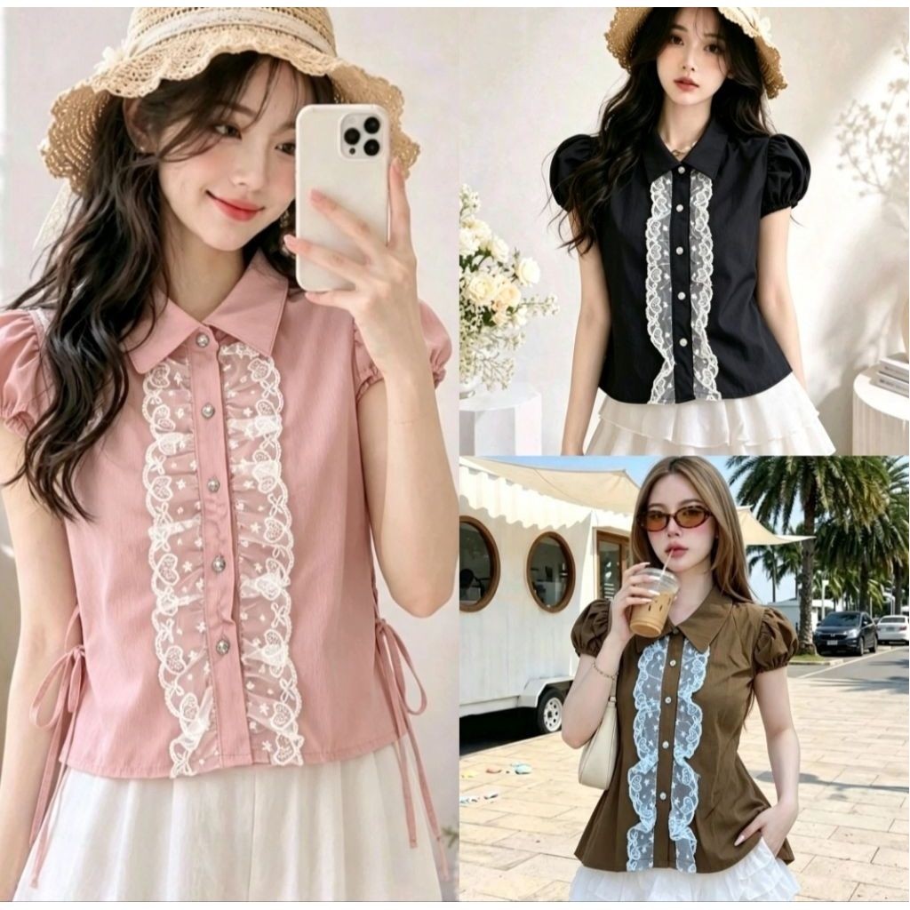 เสื้อคอปก แขนตุ๊กตา ติดกระดุมเพชร งานฮิตสุดๆ ผ้านิ่มใส่สบายงานสวยเด้อ