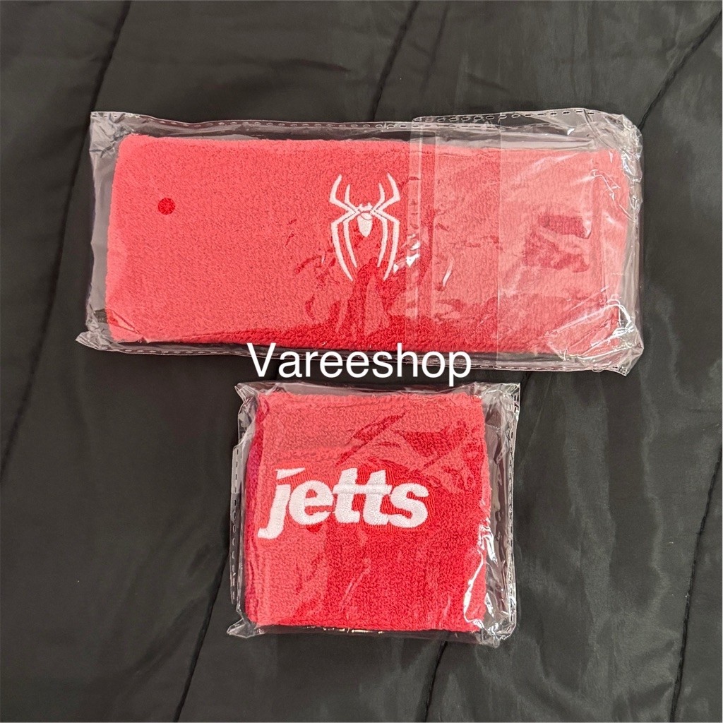 ✨New✨Jetts Fitness - เซ็ทผ้าคาดหัว + ผ้ารัดข้อมือซับเหงื่อ สีแดง ลาย Spiderman