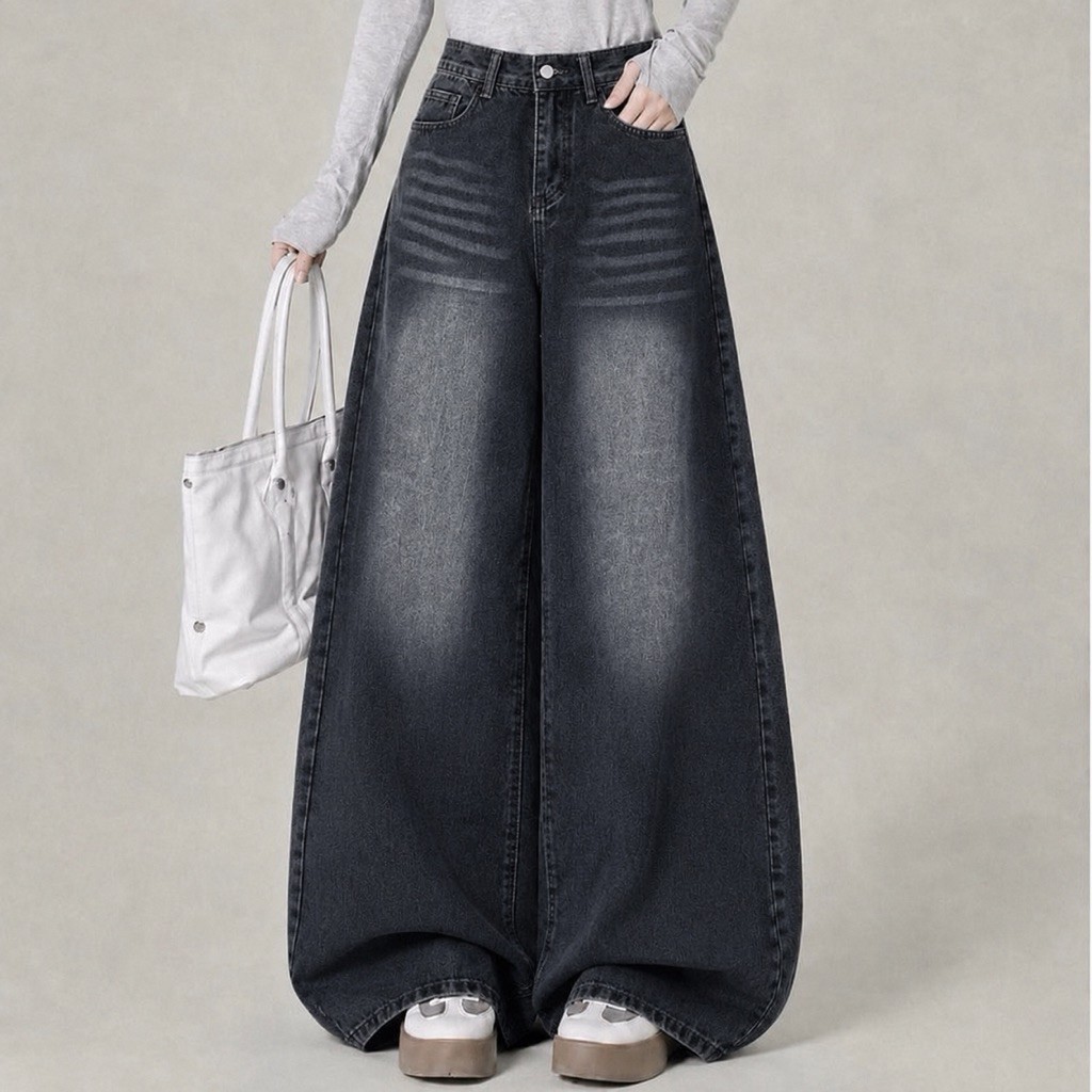 JINJEANS-1989 | (XS-6XL) กางเกงยีนส์ขากระบอกใหญ่ baggy jeans สีดำฟอก