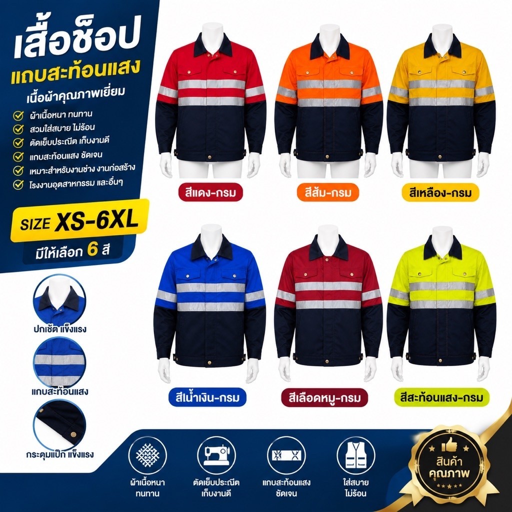 (พร้อมส่ง)เสื้อช็อปสะท้อนสีทูโทน กระดุมทองทั้งตัว เนื้อผ้าโพลีเอสเตอร์ผสมฝ้ายกันสะเก็ดไฟเนื้อผ้าใส่สบาย (S-6XL)