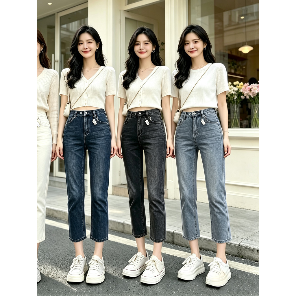 Beautified กางเกงยีนส์เอวสูงผู้หญิง ผ้ายืดขาตรง8ส่วน ปิดบังขาให้ผอมสาวอวบ ไซส์ใหญ่ถึง 5XL 4สี พร้อมส่ง V13