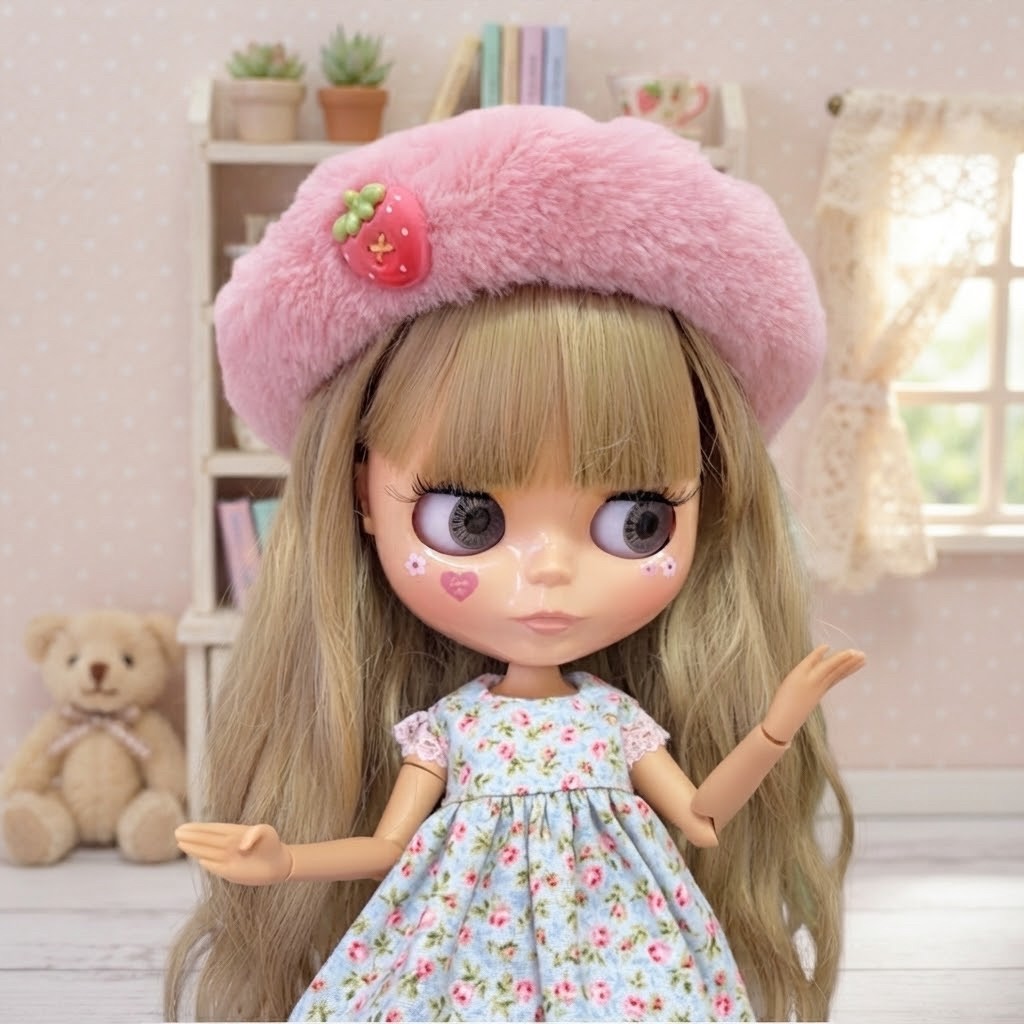 🎀หมวกเบเร่ต์ผ้าขนมิ้งสีชมพูน่ารักสำหรับตุ๊กตาบลายธ์🎀🫶🏻
