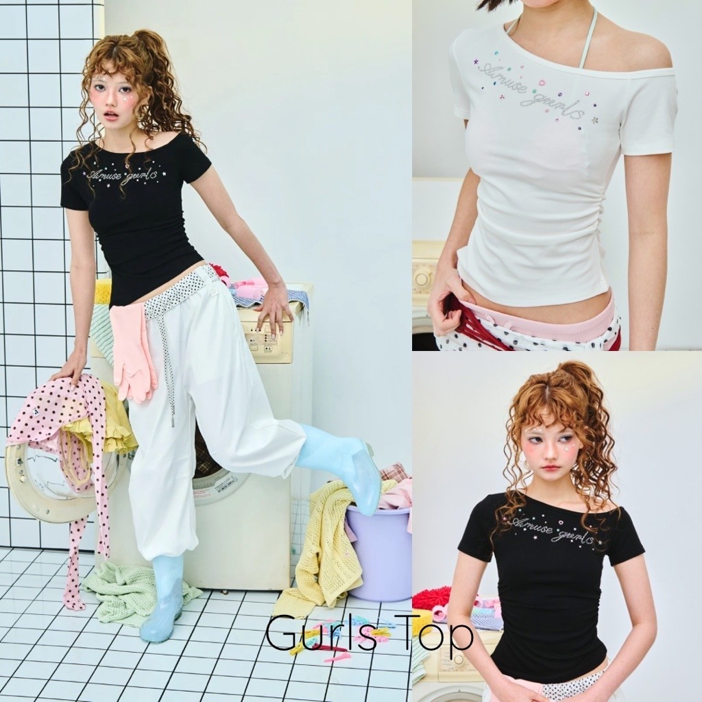 AMUSE BKK - Gurls Top เสื้อแขนสั้นทรงเข้ารูป Amuse gurls ติดคริสตัลสีพาสเทล น่ารักสไตล์ GenZ