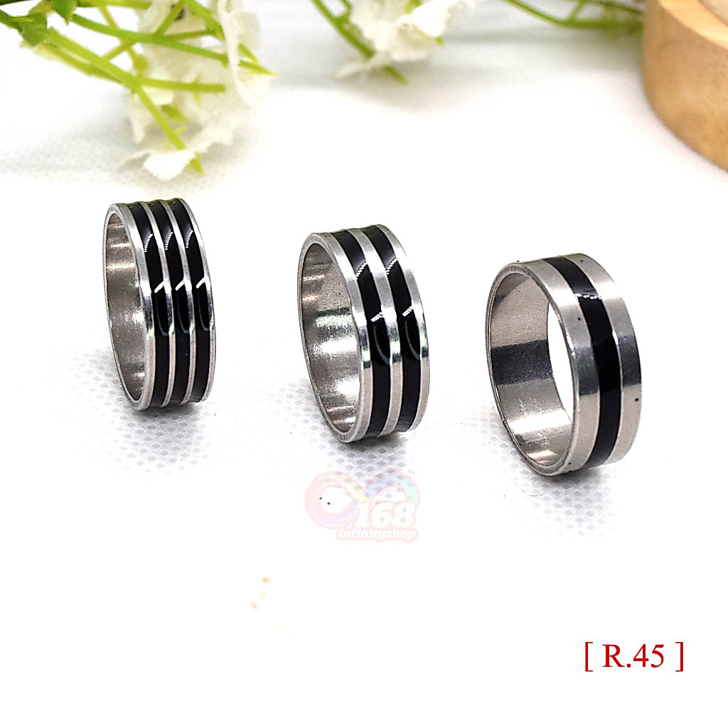 แหวนสแตนเลส#หน้าเรียบ#ตัดลายเส้นดำ [ R.45 ]#ร้านไทย #168 Infinityshop