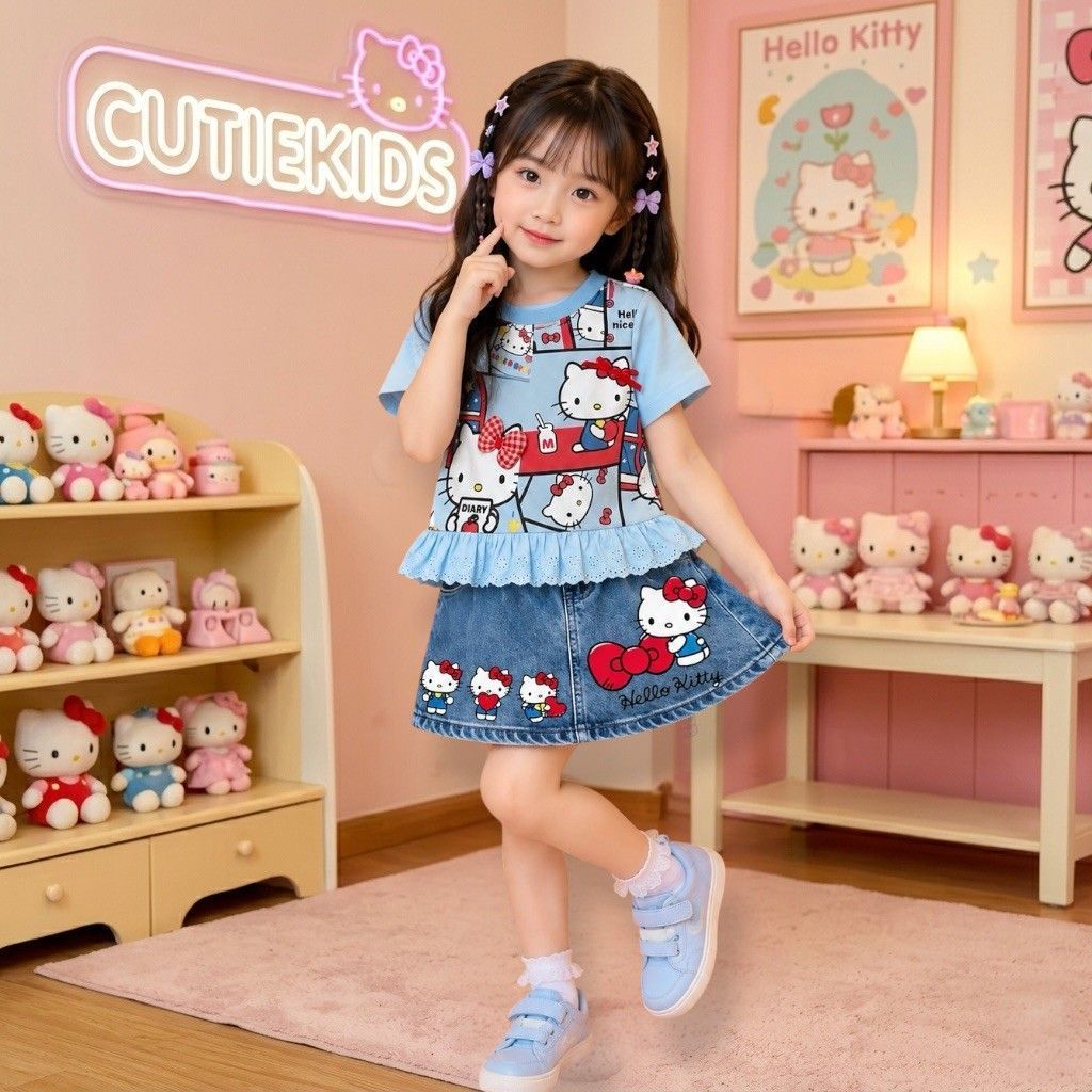 CT288/289🩷🎀ชุดเซทคุณหนูสุดน่ารักเสื้อสีหวานพาสเทลลายคิตตี้ แต่งโบว์ทั้ง2 จุด แต่งระบายลูกไม้สวยๆ พร้อมกระโปรงยีนส์ทรงสวย