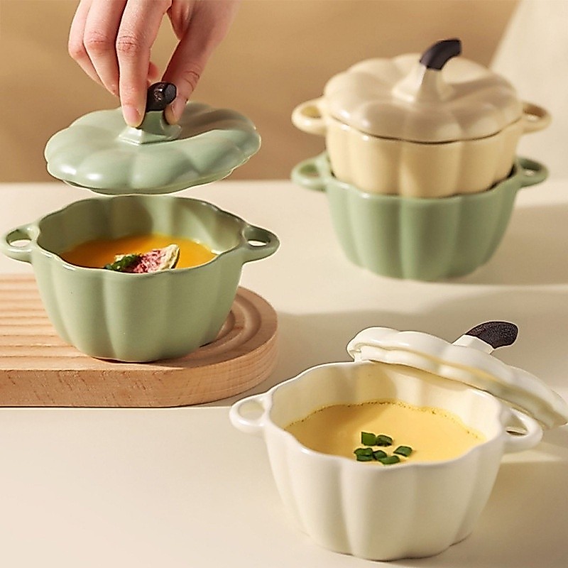 Household Kitchen Ceramic Bowl With Lid Stew Cup Pumpkin Children's Soup Steamed Egg Salad Bowl Soup
