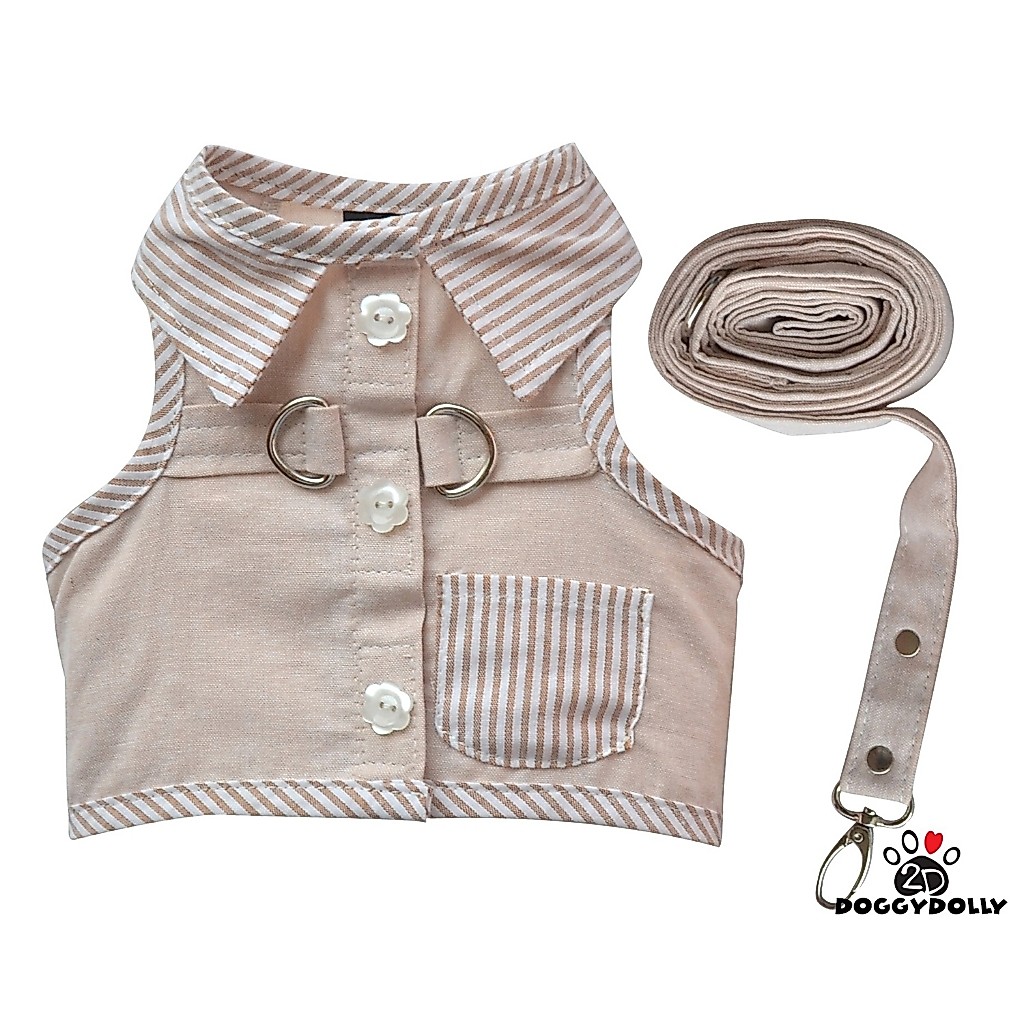 Pet cloths -Doggydolly เสื้อผ้าแฟชั่น สัตว์เลี้ยง ชุดหมาแมว สายจูง รัดอก Body-Harness สีครีม ขนาดไซส์ 1-9 โล DCL187
