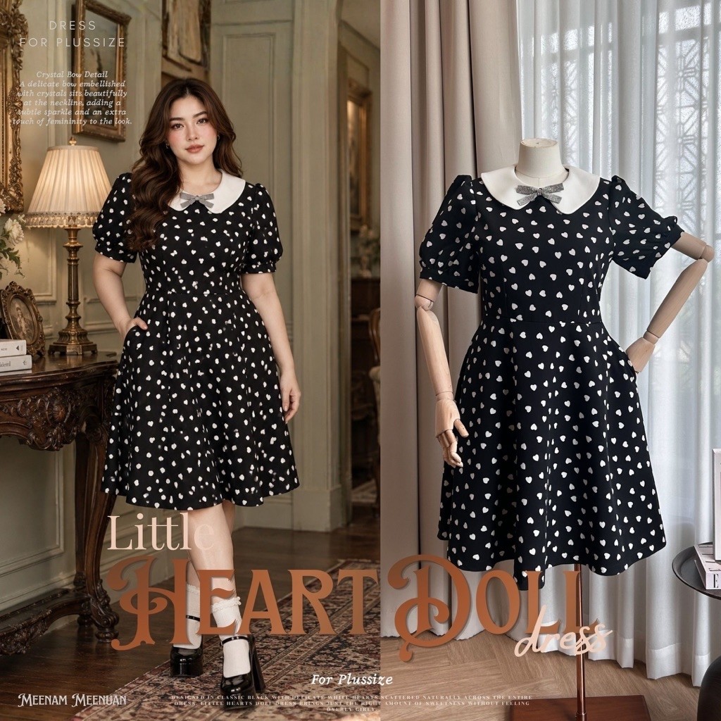 DR385 เดรสหัวใจสีดำปกขาวเดรสคนอ้วนไซซ์ใหญ่ dress