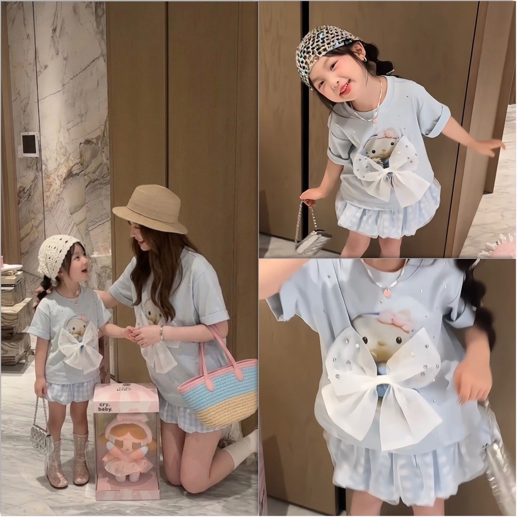 พร้อมส่งในไทย kittyy ribbon ชุดเซต 2 ชิ้น (สีฟ้า)
